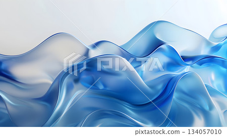 在乾淨的背景上,透明玻璃紋理的3D流體波浪緩緩擴散。 在乾淨的背景上,透明玻璃紋理的3D流體波浪緩緩擴散。 134057010