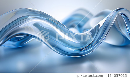 在乾淨的背景上，透明玻璃紋理的3D流體波浪緩緩擴散。 134057013