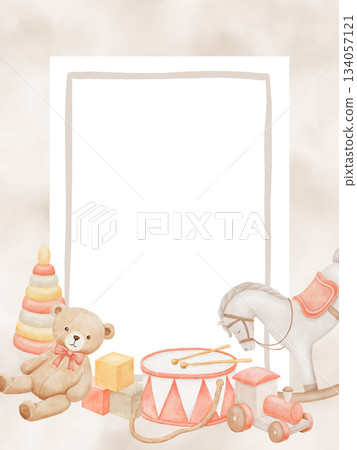 Watercolor frame template with rocking horse and vintage toys on pastel neutral colors. Border for baby shower or birthday cards. Hand drawn illustration for newborn invitations. Watercolor frame template with rocking horse and vintage toys on pastel neutral colors. Border for baby shower or birthday cards. Hand drawn illustration for newborn invitations. 134057121