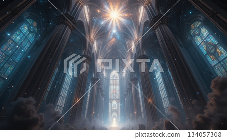 Cathedral Interior with Galactic Stained Glass Windows and Heavenly Light 134057308
