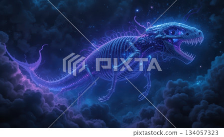 Ethereal Neon Skeletal Dragon Creature Flying in Dark Cosmic Clouds Ethereal Neon Skeletal Dragon Creature Flying in Dark Cosmic Clouds 134057323