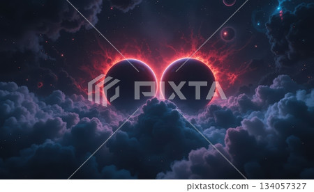 Two Dark Planets Erupting with Fiery Red Solar Flares in Ominous Clouds 134057327
