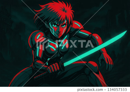 Cyberspace Samurai Heroine With Neon Sword in Darksynth Anime Style 134057333