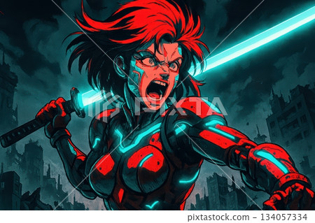 Aggressive Darksynth Cyborg Warrior With Cyan Energy Blade in Ruined City Aggressive Darksynth Cyborg Warrior With Cyan Energy Blade in Ruined City 134057334