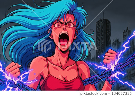 Enraged Anime Woman Breaking Chains With Electric Superhuman Power Enraged Anime Woman Breaking Chains With Electric Superhuman Power 134057335