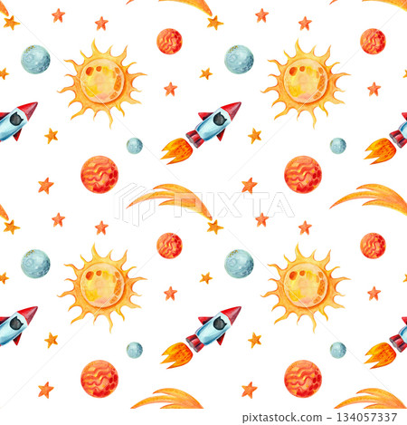 A seamless, vibrant, space-themed watercolor pattern on a white background for children's textiles, holiday packaging, and other designs. 134057337