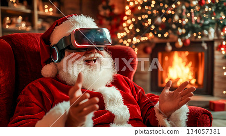 Santa Claus wearing virtual reality glasses, relaxing in a cozy environment.	 134057381