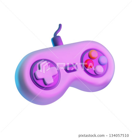 Realistic gamepad 3D plastic vector icon, purple game wired controller joystick, video game equipment with buttons 134057510