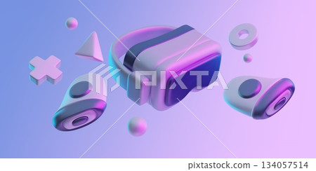 Realistic virtual reality glasses with joysticks 3D plastic style vector illustration, gamepad, video game equipment 134057514