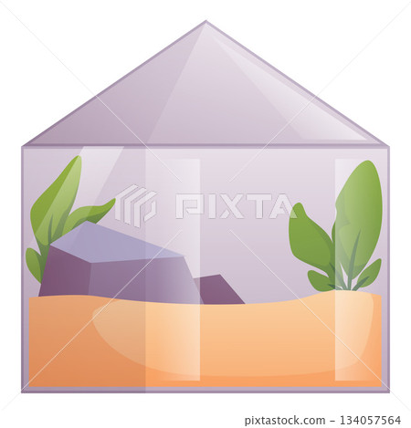 Glass terrarium icon with a lid, sand, rocks, and foliage inside. Glass terrarium icon with a lid, sand, rocks, and foliage inside. 134057564