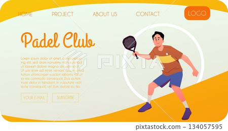 Padel club landing page, advertising web vector banner, man sports character hitting the ball with the padel racket Padel club landing page, advertising web vector banner, man sports character hitting the ball with the padel racket 134057595