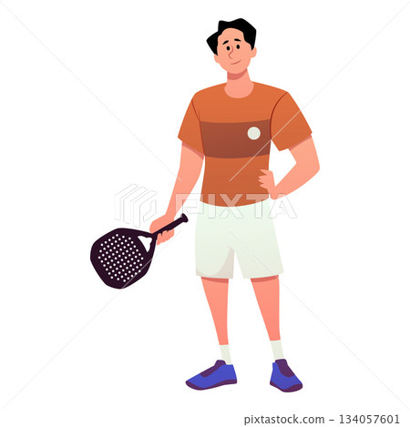 Paddle tennis player pose, man sports character hitting the ball with the padel racket, young athlete playing in a padel 134057601