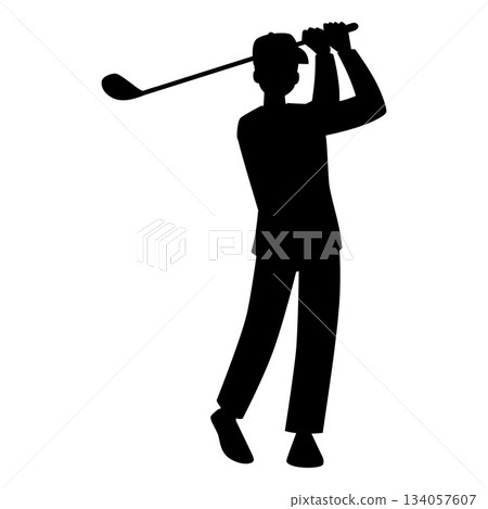 Sportsman playing golf, raised hands with a club vector black silhouette, male character hitting ball, sport game 134057607