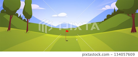 A poster with a daytime golf course landscape, flag, hole, hills, green grass, trees, and sky. A poster with a daytime golf course landscape, flag, hole, hills, green grass, trees, and sky. 134057609