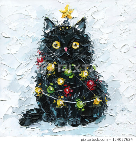 Black cat impasto oil painting with colorful lights and star festive holiday wall art on textured white background, Winter kitten 134057624