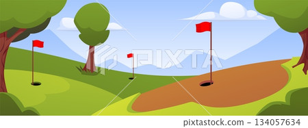 Rolling landscape with a golf course, flags, holes, trees, sky, and mountains in the background. Rolling landscape with a golf course, flags, holes, trees, sky, and mountains in the background. 134057634