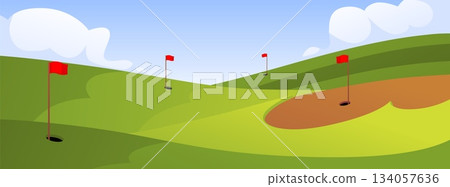 Daytime landscape of a rolling golf course with flags, holes, and a blue sky. 134057636