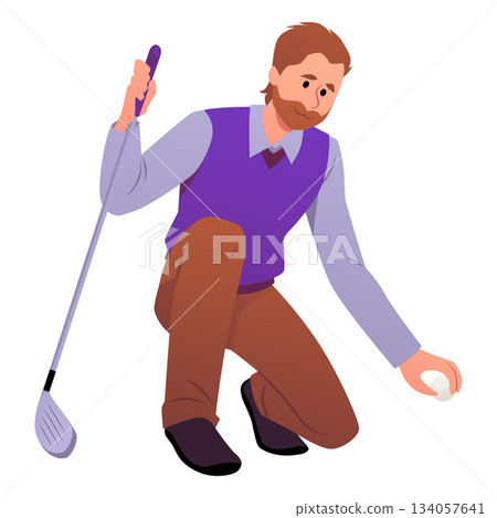 Bearded man playing golf, knelt down with club and ball, sport leisure activity, healthy hobby vector flat illustration 134057641