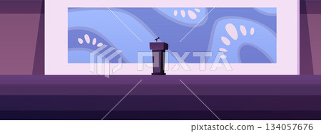 An empty lecture hall with a digital abstract screen, a podium on a stage with a microphone. 134057676