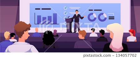 Lecture hall background with a speaker at the podium, a screen with graphs, and an audience. Lecture hall background with a speaker at the podium, a screen with graphs, and an audience. 134057702