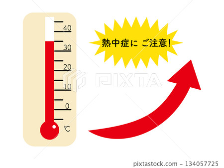 一個簡單的溫度計示意圖，顯示高溫、上升箭頭和中暑警告文字。 134057725