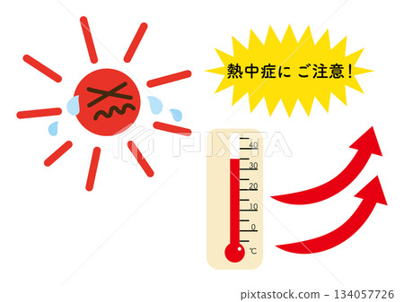 一個簡單的溫度計示意圖，顯示高溫、太陽、上升箭頭以及中暑警告文字。 134057726