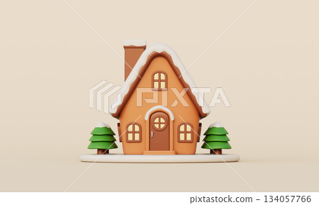 Cozy Winter Snowy House with Tree. 3D Rendering. 134057766