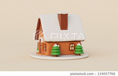 Cozy Winter Snowy House with Tree. 3D Rendering. 134057768