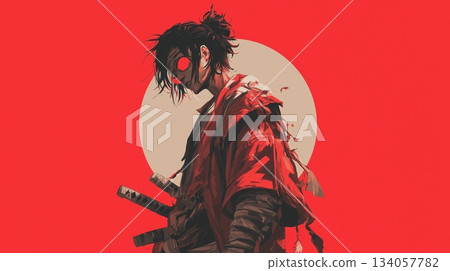 Samurai warrior silhouette standing against red sun. Samurai warrior silhouette standing with swords against a vibrant red background 134057782