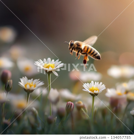 Bee flying towards daisy exploring spring nature. Honeybee approaching a white daisy flower, depicting pollination and a warm spring atmosphere Bee flying towards daisy exploring spring nature. Honeybee approaching a white daisy flower, depicting pollination and a warm spring atmosphere 134057785