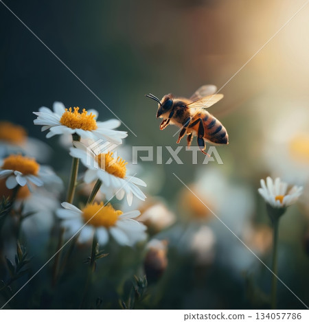 Bee flying towards daisy exploring spring nature. Honeybee approaching a white daisy flower, depicting pollination and a warm spring atmosphere Bee flying towards daisy exploring spring nature. Honeybee approaching a white daisy flower, depicting pollination and a warm spring atmosphere 134057786