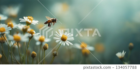 Bee flying towards daisy exploring spring nature. Honeybee approaching a white daisy flower, depicting pollination and a warm spring atmosphere Bee flying towards daisy exploring spring nature. Honeybee approaching a white daisy flower, depicting pollination and a warm spring atmosphere 134057788