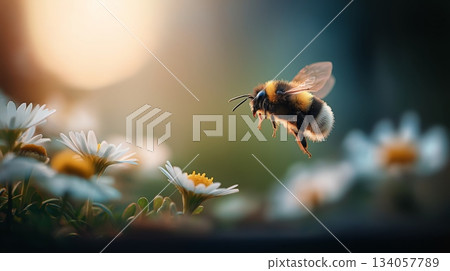 Bee flying towards daisy exploring spring nature. Honeybee approaching a white daisy flower, depicting pollination and a warm spring atmosphere Bee flying towards daisy exploring spring nature. Honeybee approaching a white daisy flower, depicting pollination and a warm spring atmosphere 134057789