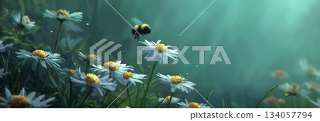 Bee flying towards daisy exploring spring nature. Honeybee approaching a white daisy flower, depicting pollination and a warm spring atmosphere Bee flying towards daisy exploring spring nature. Honeybee approaching a white daisy flower, depicting pollination and a warm spring atmosphere 134057794