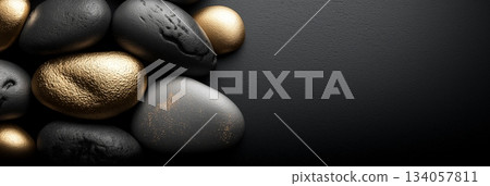Black and gold textured stones creating elegant background. Polished and rough black stones with gold accents lie on a dark surface with copy space Black and gold textured stones creating elegant background. Polished and rough black stones with gold accents lie on a dark surface with copy space 134057811