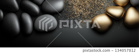 Black and gold textured stones creating elegant background. Polished and rough black stones with gold accents lie on a dark surface with copy space Black and gold textured stones creating elegant background. Polished and rough black stones with gold accents lie on a dark surface with copy space 134057812