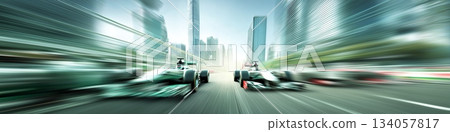 Formula racing cars speeding through futuristic city. Racing cars generating speed blur through a modern urban cityscape, showing dynamic action Formula racing cars speeding through futuristic city. Racing cars generating speed blur through a modern urban cityscape, showing dynamic action 134057817