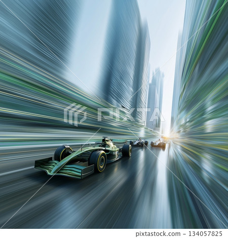 Formula racing cars speeding through futuristic city. Racing cars generating speed blur through a modern urban cityscape, showing dynamic action 134057825
