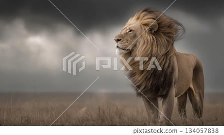 Lion standing in savanna looking into distance under dark sky. Powerful lion representing leadership, strength, and authority in dry grass Lion standing in savanna looking into distance under dark sky. Powerful lion representing leadership, strength, and authority in dry grass 134057838