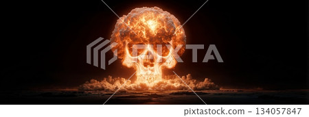 Nuclear mushroom cloud forming glowing skull of destruction. Massive explosion transforming into a terrifying skull, symbolizing global disaster and war Nuclear mushroom cloud forming glowing skull of destruction. Massive explosion transforming into a terrifying skull, symbolizing global disaster and war 134057847