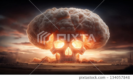 Nuclear mushroom cloud forming glowing skull of destruction. Massive explosion transforming into a terrifying skull, symbolizing global disaster and war Nuclear mushroom cloud forming glowing skull of destruction. Massive explosion transforming into a terrifying skull, symbolizing global disaster and war 134057848