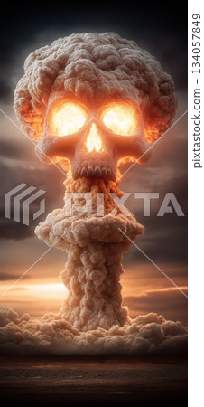Nuclear mushroom cloud forming glowing skull of destruction. Massive explosion transforming into a terrifying skull, symbolizing global disaster and war 134057849
