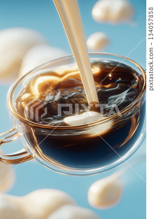 Milk pouring into a glass cup of black coffee, creating a dynamic splash and creamy layers. Milk pouring into coffee creating splash and swirl Milk pouring into a glass cup of black coffee, creating a dynamic splash and creamy layers. Milk pouring into coffee creating splash and swirl 134057858