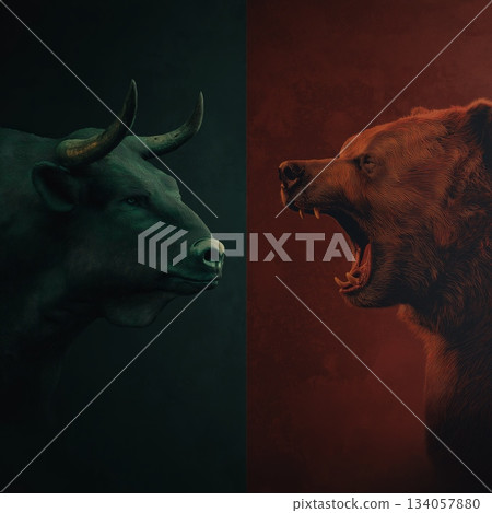 Bull and bear market financial trends concept. Bull and bear symbols depicting contrasting financial market movements and investment strategies 134057880
