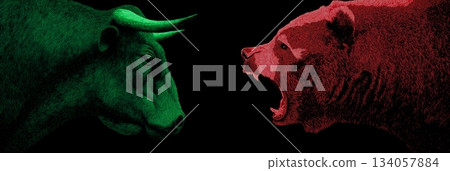 Bull and bear market financial trends concept. Bull and bear symbols depicting contrasting financial market movements and investment strategies 134057884
