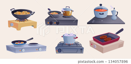 Stove food. Preparing products on stove boiling and frying in pans and pots exact vector kitchen concept set Stove food. Preparing products on stove boiling and frying in pans and pots exact vector kitchen concept set 134057896