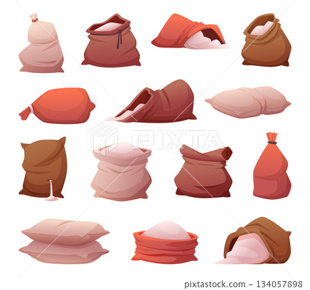 Flour. Full and empty harvester bags with flour exact vector farming textile tools in cartoon style 134057898