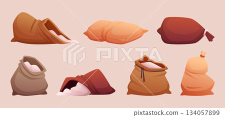 Flour bags. Harvest sacks with flour empty and full exact vector collection 134057899