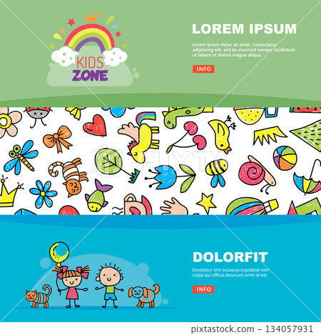 Kids banners. playground ads banners with hand drawn kids pictures 134057931