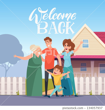 Happy family. welcome back dear grandmother. family couple invite and hugging grandmother near self house Happy family. welcome back dear grandmother. family couple invite and hugging grandmother near self house 134057937